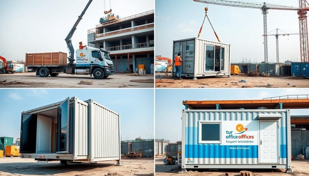 Container office installation process at construction site