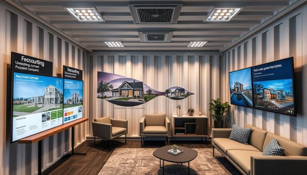 Container office interior with sales displays