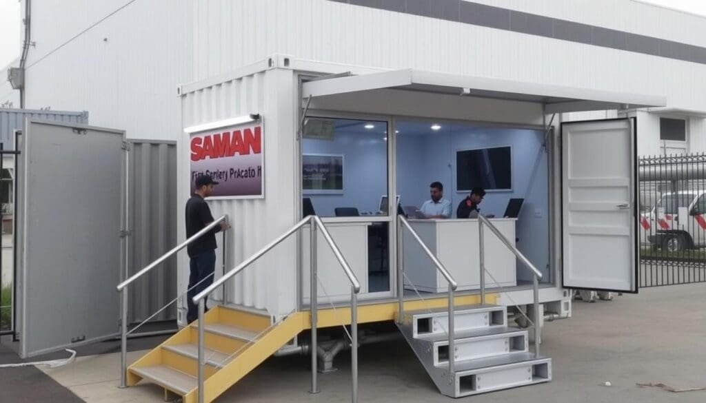 Container office positioned at factory entrance in Surajpur Industrial Area, Greater Noida