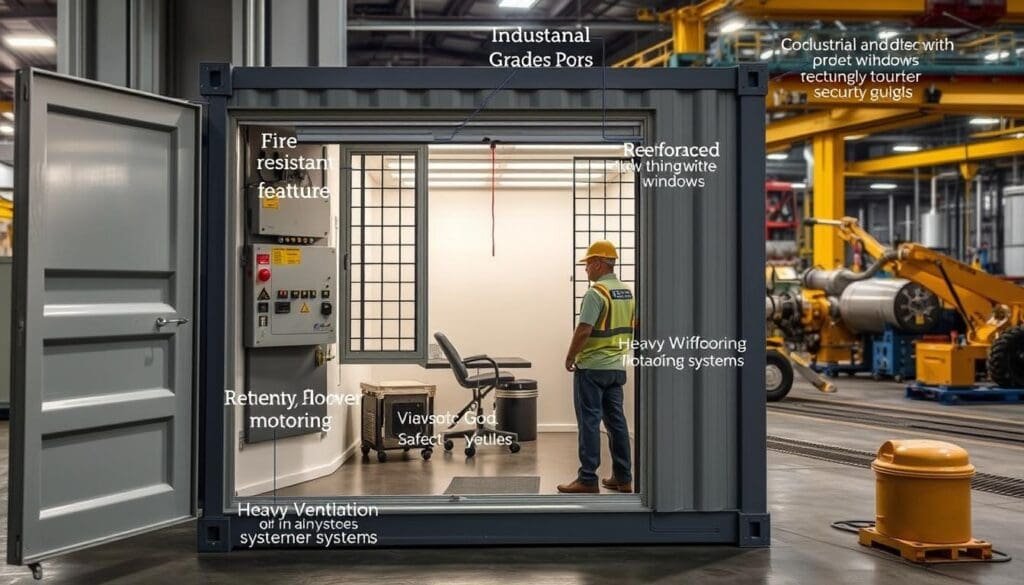 Container office with industrial safety features at a manufacturing plant in Greater Noida