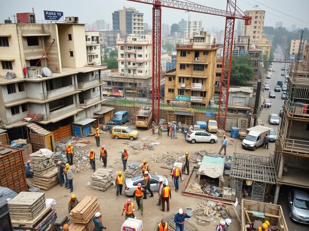 Crowded construction site in Laxmi Nagar with workers needing proper accommodation