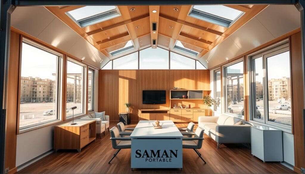 Customized SAMAN Portable container office in an expansive, sun-drenched interior. A sleek, modern design with floor-to-ceiling windows, warm wood paneling, and contemporary furnishings. Adjustable lighting casts a soft, natural glow, highlighting the spacious layout and ample storage solutions. The office exudes a professional yet inviting atmosphere, perfect for both private meetings and collaborative work sessions. The exterior features a clean, minimalist aesthetic with the SAMAN Portable branding prominently displayed. An array of customization options, from color schemes to layout configurations, allow for a truly personalized workspace solution.