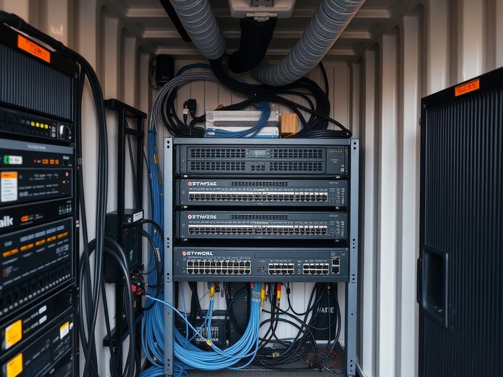 Digital infrastructure in container office showing networking setup