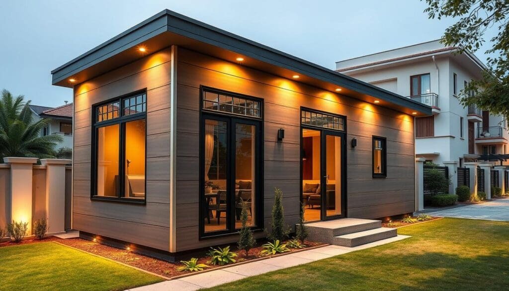 Elegant portable office cabin installed beside residential bungalows in Greater Kailash, South Delhi