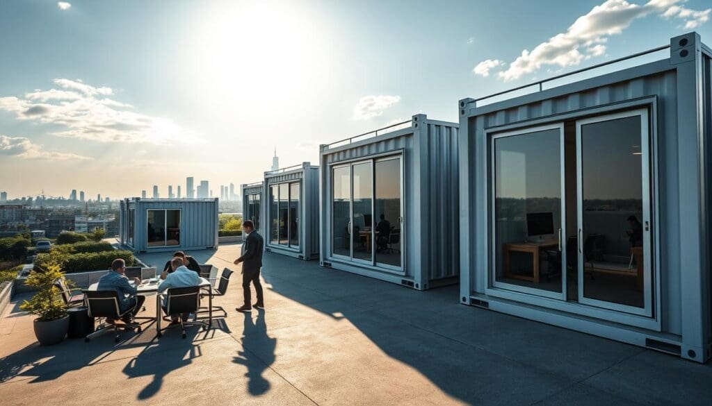 Expansive container offices nestled in Bellandur's bustling landscape, the SAMAN Portable units stand tall with their sleek, modular design. Sunlight filters through large windows, illuminating the modern interiors furnished with ergonomic desks and comfortable seating. In the foreground, a group of professionals collaborate at a shared workspace, their silhouettes casting dynamic shadows. The middle ground showcases the flexibility of these containers, arranged in a visually striking configuration. In the background, the city's skyline rises, complementing the industrial-chic aesthetic of the SAMAN Portable offices. A cinematic, wide-angle lens captures the scene, conveying a sense of scale and the seamless integration of these sustainable, adaptable workspaces within the urban environment.