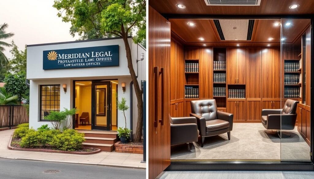 Exterior and interior views of Meridian Legal's premium portable office in Saket