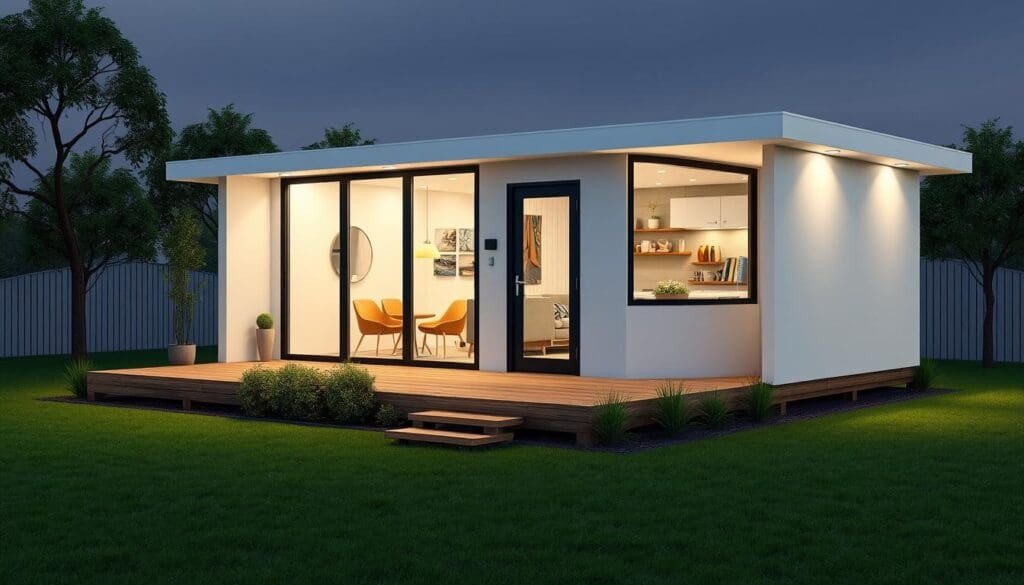 Generate an image of a modern, portable office cabin in Whitefield.