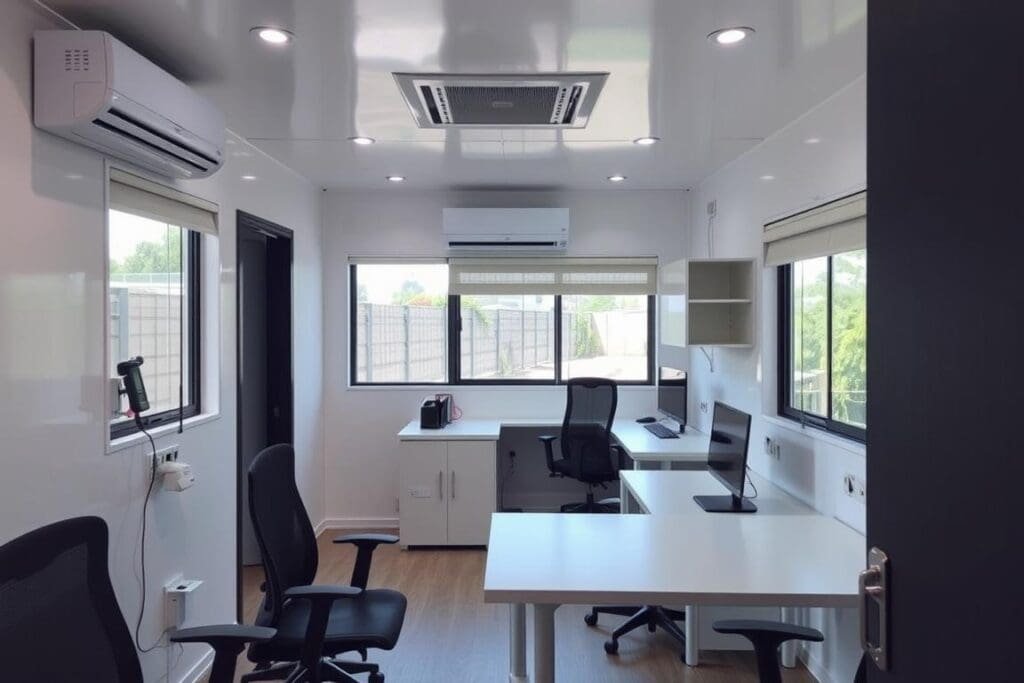 Interior of a customized portable office cabin in East Delhi Interior of a customized portable office cabin in East Delhi