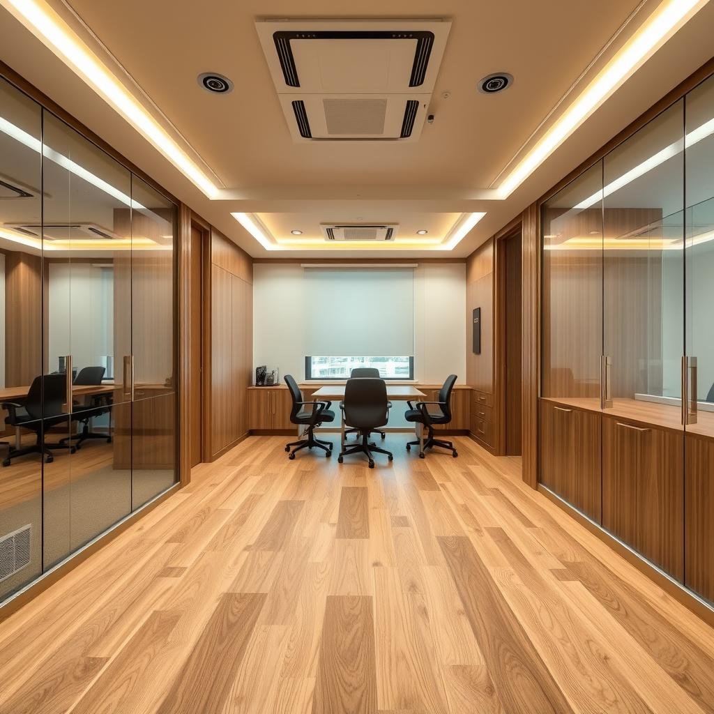 Interior of a premium portable office cabin in Greater Kailash showing high-end finishes