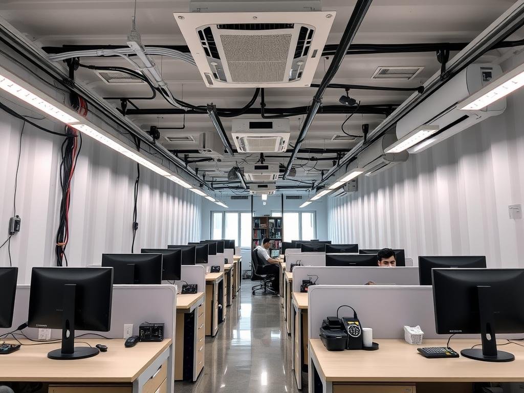 Interior of container office in Noida with tech infrastructure and workstations
