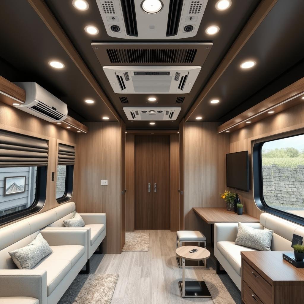 Interior of luxury portable cabin office with modern furnishings Interior of luxury portable cabin office with modern furnishings