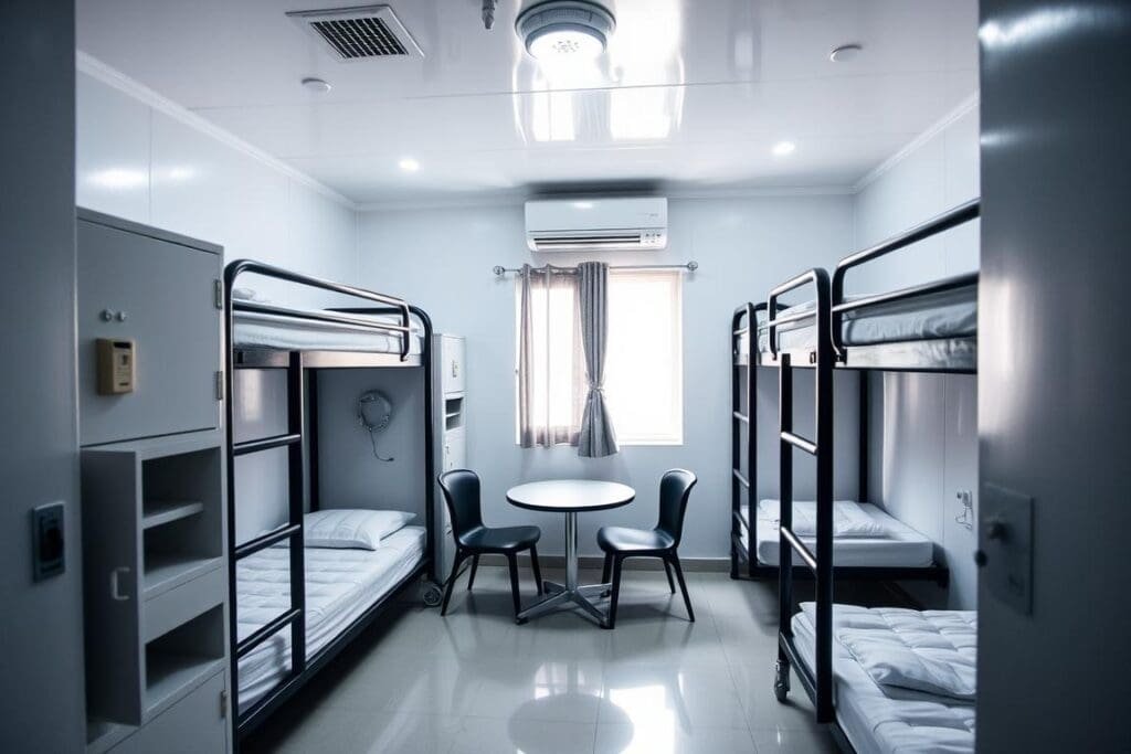 Interior view of a customized labour colony room showing amenities and space optimization