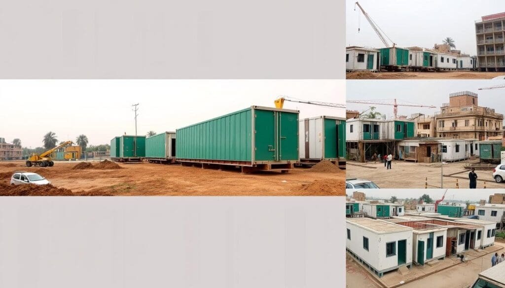 Labour colony installation process in East Delhi showing different stages