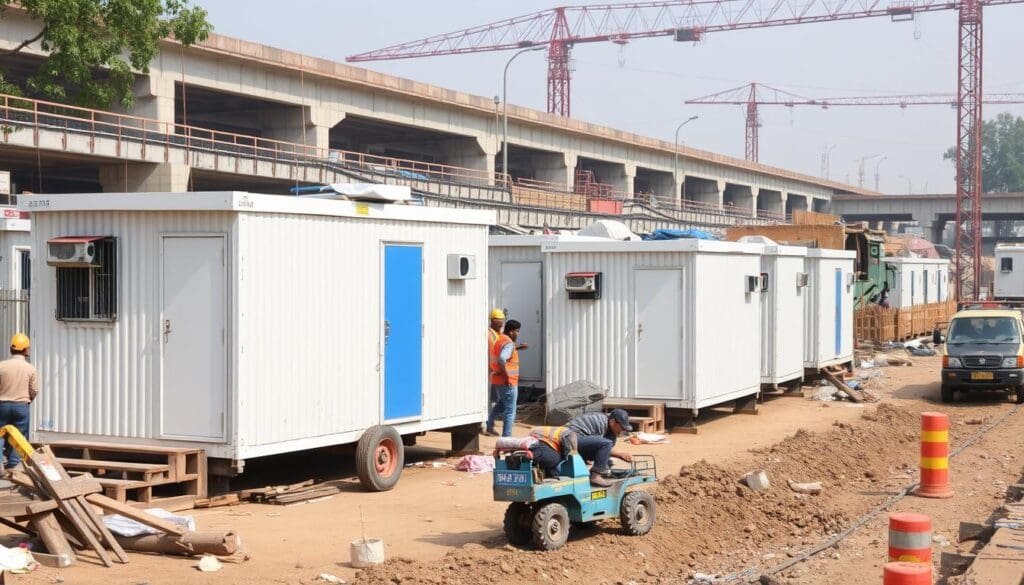 Labour colony supporting road construction near Laxmi Nagar metro
