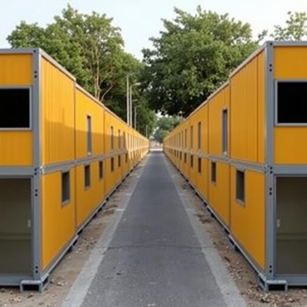 Linear labour colony configuration for roadwork in East Delhi