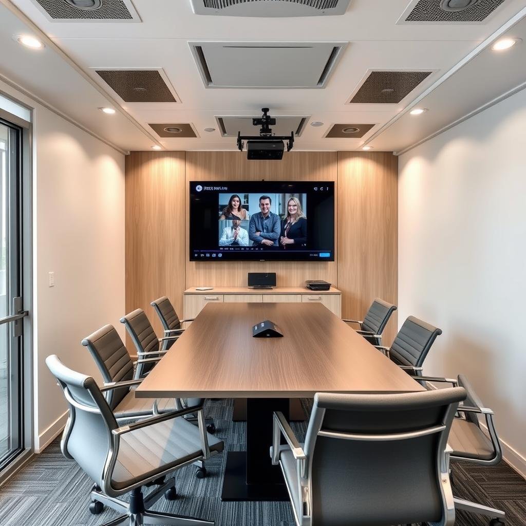 Meeting area in portable cabin with video conferencing setup Meeting area in portable cabin with video conferencing setup