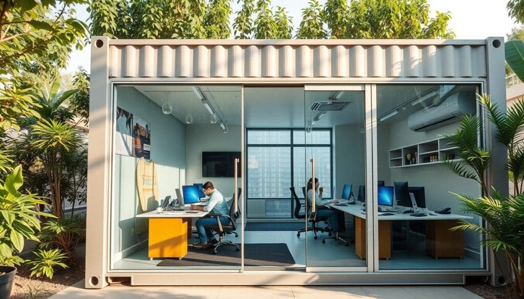 Modern container office setup in Noida IT park with tech professionals working
