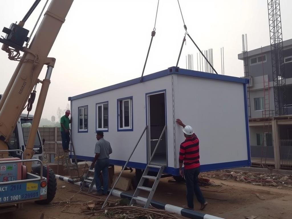 Modular site office cabin being installed in Pitampura