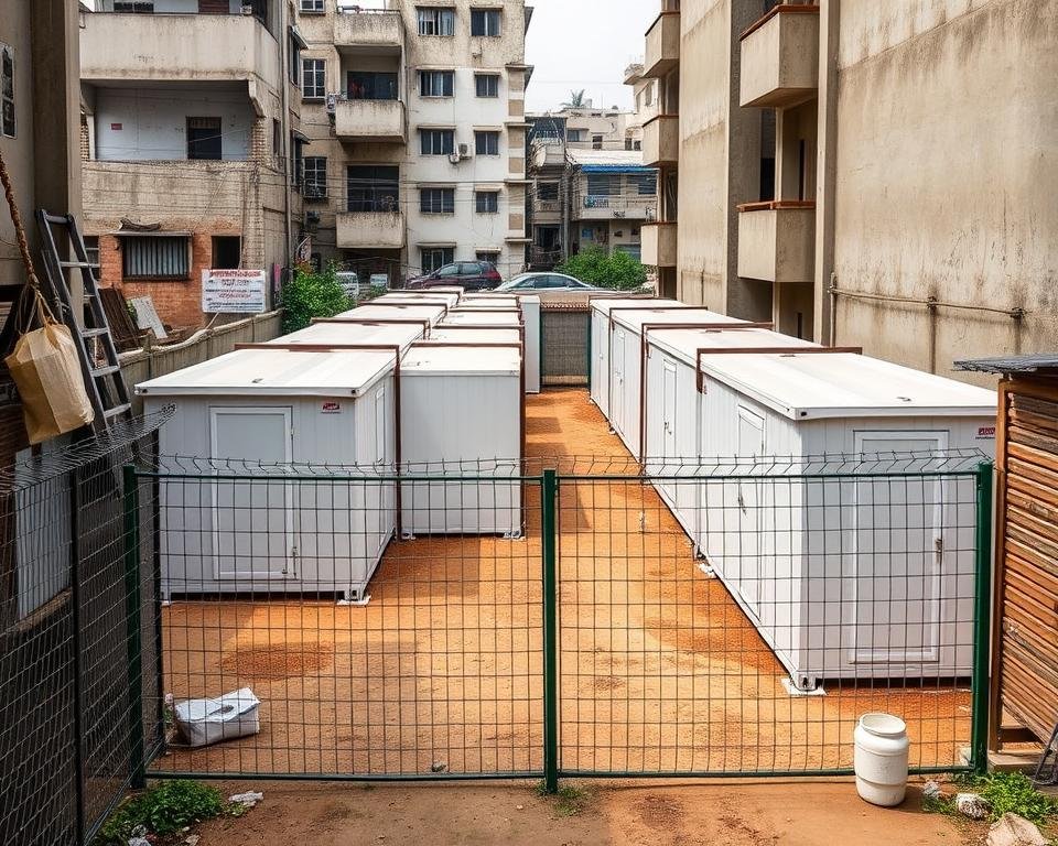 Narrow site labour housing with privacy fencing in Shahdara