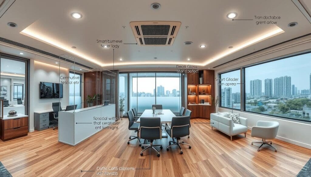 Panoramic view of a premium portable office interior in South Delhi showing multiple smart features