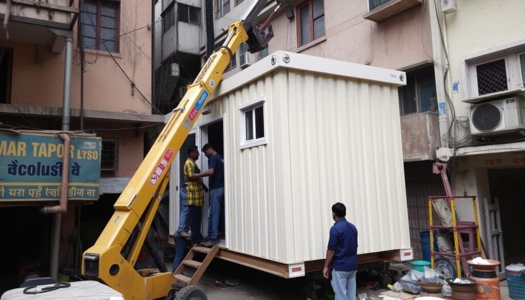 Portable cabin being installed in a congested area of Laxmi Nagar, East Delhi Portable cabin being installed in a congested area of Laxmi Nagar, East Delhi