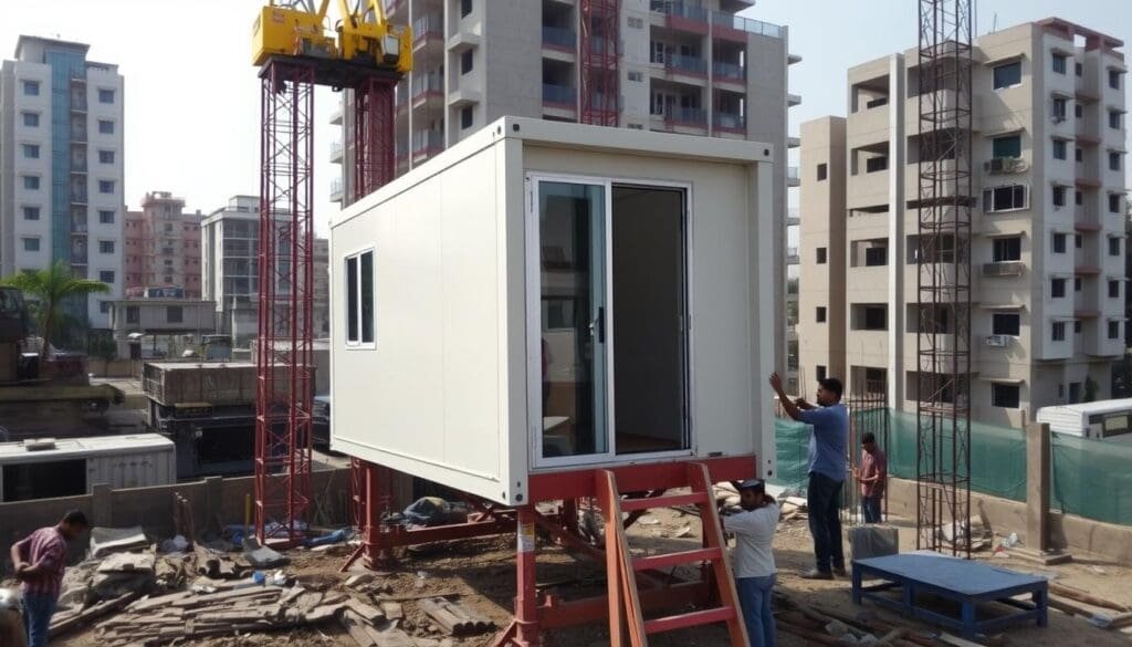 Portable cabin being installed in a crowded East Delhi construction site