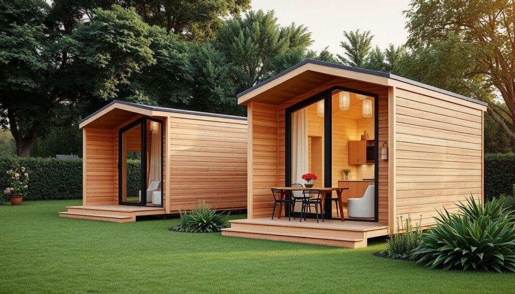 Portable cabins for events, standing tall in a meticulously curated setting. SAMAN Portable cabins, their sleek lines and warm wood tones contrasting against a backdrop of lush greenery. Soft, natural lighting filters through large windows, casting a cozy glow over the interior. Modular and versatile, these cabins seamlessly adapt to various event needs, from intimate gatherings to grand celebrations. Crafted with attention to detail and designed for efficiency, they offer a practical and visually appealing solution for any outdoor event.