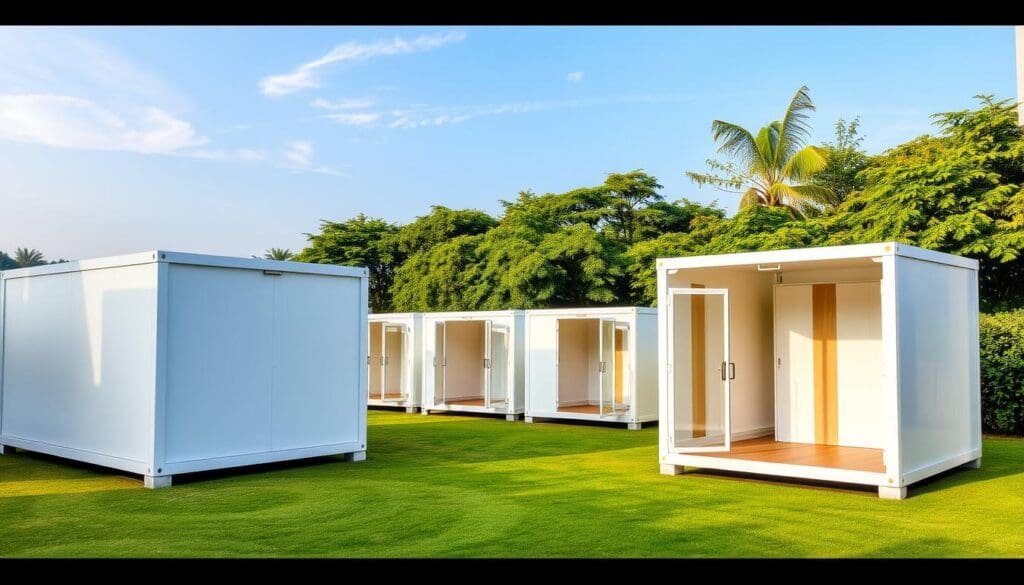 Portable cabins for sale in Kengeri, displayed in a neatly arranged outdoor showroom. SAMAN Portable cabins with clean, modern design and sturdy construction stand in the foreground, their sleek profiles highlighted by warm, directional lighting. In the middle ground, several cabins are partially open, showcasing their spacious interiors and high-quality finishes. The background features lush greenery and a clear blue sky, creating a tranquil, natural setting that complements the modular, self-contained nature of the portable structures. The scene conveys a sense of practicality, quality, and seamless integration with the surrounding environment. Portable cabins for sale in Kengeri, displayed in a neatly arranged outdoor showroom. SAMAN Portable cabins with clean, modern design and sturdy construction stand in the foreground, their sleek profiles highlighted by warm, directional lighting. In the middle ground, several cabins are partially open, showcasing their spacious interiors and high-quality finishes. The background features lush greenery and a clear blue sky, creating a tranquil, natural setting that complements the modular, self-contained nature of the portable structures. The scene conveys a sense of practicality, quality, and seamless integration with the surrounding environment.