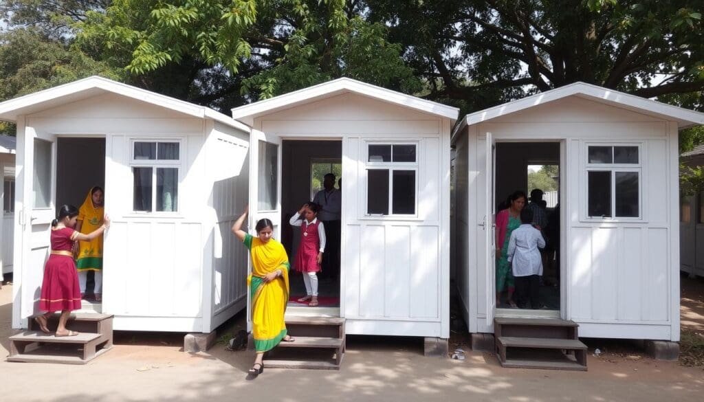 Portable classroom cabins installed at a school in Shahdara, East Delhi Portable classroom cabins installed at a school in Shahdara, East Delhi