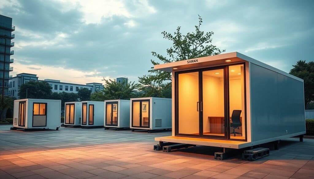 Portable office buildings with a sleek, modern design. A SAMAN Portable cabin stands prominently in the foreground, its clean lines and large windows creating an inviting workspace. In the middle ground, additional portable units are arranged in a practical layout, their modular construction and flexible placement showcasing their versatility. The background features a serene urban landscape, with lush greenery and contemporary architecture providing a stylish, professional setting. Warm, diffused lighting casts a comfortable glow, while a wide-angle lens captures the full scope of this efficient, high-quality portable office environment.