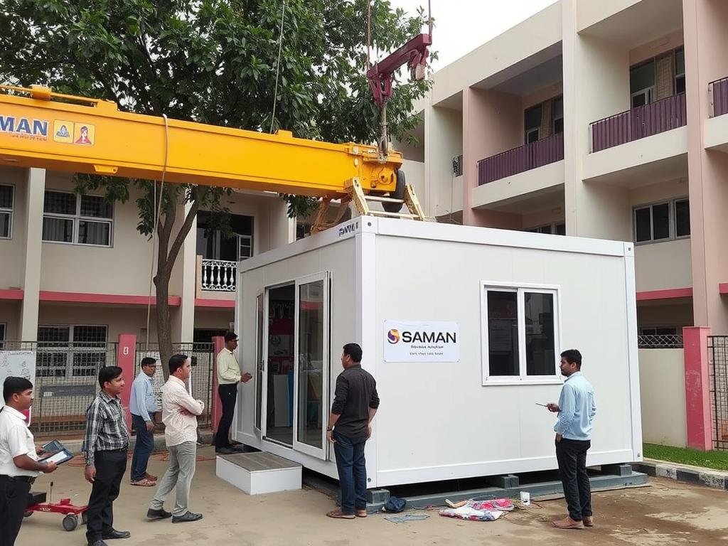 Portable office cabin being installed at a school in Vaishali