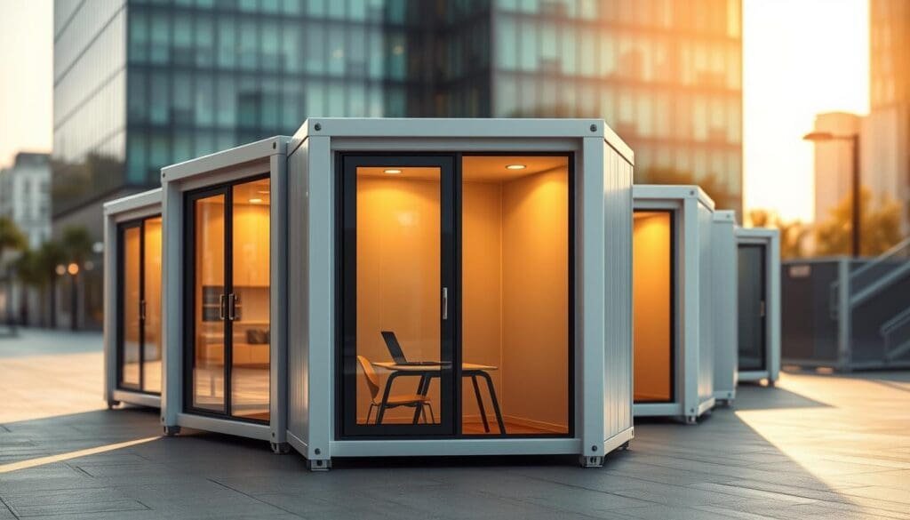 Portable office cabins by SAMAN Portable, showcasing a well-designed, contemporary exterior with clean lines and sleek finishes. The cabins are arranged in a visually appealing layout, with a warm, natural lighting that creates a welcoming atmosphere. The scene depicts the cabins from a mid-level angle, allowing the viewer to appreciate the practical features and sturdy construction. The background features a blurred urban landscape, emphasizing the cabins' versatility and suitability for a variety of settings. The overall composition conveys a sense of professionalism, durability, and the convenience of these portable office solutions.