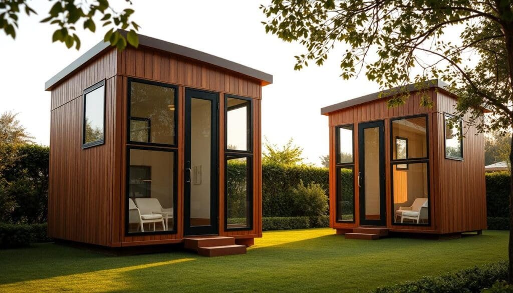 Portable office cabins with a modern, sleek design. Intricately detailed exterior in a warm, earthy tone. SAMAN Portable cabins stand tall, showcasing their sturdy, durable construction. Generous windows allow natural light to flood the interior, creating a bright, airy workspace. The cabins are positioned in a well-manicured, lush outdoor setting, with a soft, diffused lighting that enhances the overall atmosphere. The scene conveys a sense of professionalism, comfort, and functionality, perfectly suiting the needs of a portable office.