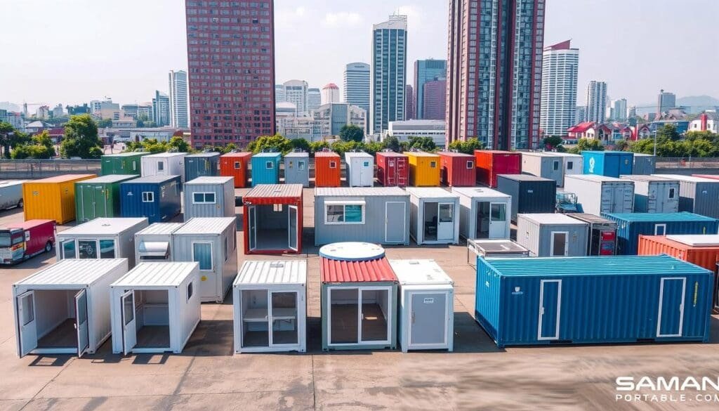 Portacabins for sale in Bangalore, arranged in a well-organized outdoor display. Diverse models in various sizes and colors, showcasing the SAMAN Portable.com brand. The cabins are depicted in a crisp, clean-lit setting, with attention to realistic textures and materials. The foreground features several open-plan designs, while the middle ground includes more specialized units like office spaces and storage solutions. In the background, a modern urban skyline provides context, hinting at the versatility of these portable structures in a bustling city environment. An inviting, professional atmosphere conveys the reliability and customizability of the SAMAN Portable.com portacabin offerings.