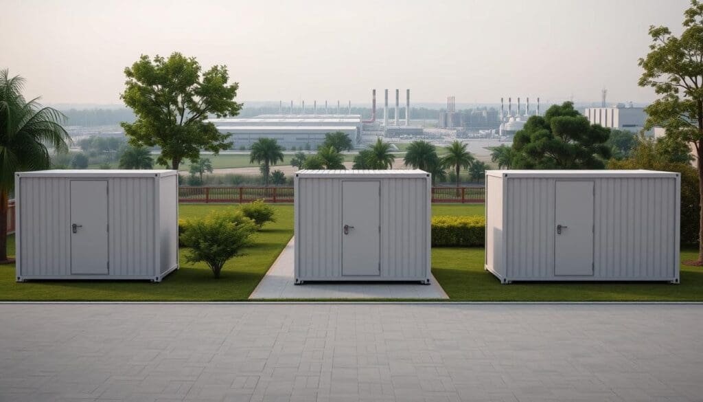 Portacabins for sale in Bommasandra, showcasing a well-lit outdoor scene. In the foreground, a group of SAMAN Portable units stand in a neatly arranged row, their clean lines and muted tones blending harmoniously with the surrounding environment. The middle ground features a paved pathway leading towards the portacabins, flanked by lush greenery and a few scattered trees, creating a serene, natural atmosphere. In the background, a modern industrial landscape with warehouses and factories sets the context, highlighting the versatility and practicality of these all-purpose portable structures. The lighting is soft and diffused, evoking a sense of warmth and approachability. The overall composition emphasizes the portacabins' functionality, durability, and seamless integration into various commercial and industrial settings.