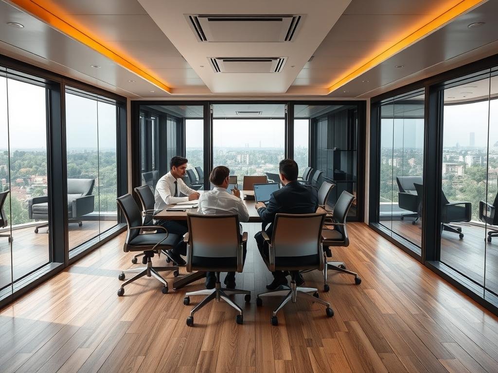 Professional meeting taking place in a premium portable office cabin in Vasant Kunj