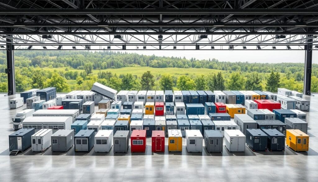 Prompt A detailed, high-quality rendering of various types of SAMAN Portable portacabins in a well-lit, spacious outdoor setting. Showcase a range of models in the foreground, including standard, modular, and customized units, each with distinct designs, colors, and features. Capture the middle ground with a diverse array of portacabins arranged in an organized layout, highlighting their versatility and functionality. In the background, depict a serene, natural landscape with lush greenery to create a harmonious and inviting atmosphere, emphasizing the portacabins' ability to seamlessly integrate into various environments.