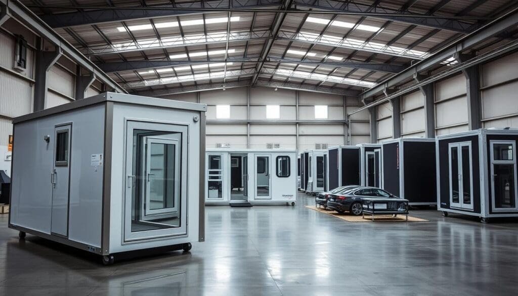 Prompt A modern, well-lit industrial warehouse showcasing a variety of SAMAN Portable brand porta cabins. In the foreground, a stylish and sleek porta cabin design with clean lines and a neutral color palette. In the middle ground, several other porta cabin models in different configurations and sizes, arranged neatly. In the background, the warehouse's high ceilings and large windows create a bright, airy atmosphere. The scene conveys a sense of professionalism, quality, and attention to detail in the porta cabin manufacturing process. The camera angle is slightly elevated, providing a comprehensive view of the product range. Prompt A modern, well-lit industrial warehouse showcasing a variety of SAMAN Portable brand porta cabins. In the foreground, a stylish and sleek porta cabin design with clean lines and a neutral color palette. In the middle ground, several other porta cabin models in different configurations and sizes, arranged neatly. In the background, the warehouse's high ceilings and large windows create a bright, airy atmosphere. The scene conveys a sense of professionalism, quality, and attention to detail in the porta cabin manufacturing process. The camera angle is slightly elevated, providing a comprehensive view of the product range.