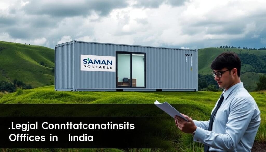 Prompt A modern, well-lit office container with the SAMAN Portable logo prominently displayed. The container is situated in a lush, verdant landscape, with rolling hills and a cloudy sky in the background. The container's sleek, minimalist design features large windows, allowing natural light to flood the interior. In the foreground, a businessperson in formal attire is reviewing legal documents, symbolizing the "Legal Considerations for Container Offices in India" section of the article. The scene conveys a sense of professionalism, sustainability, and attention to detail, reflecting the legal aspects of establishing a container office.