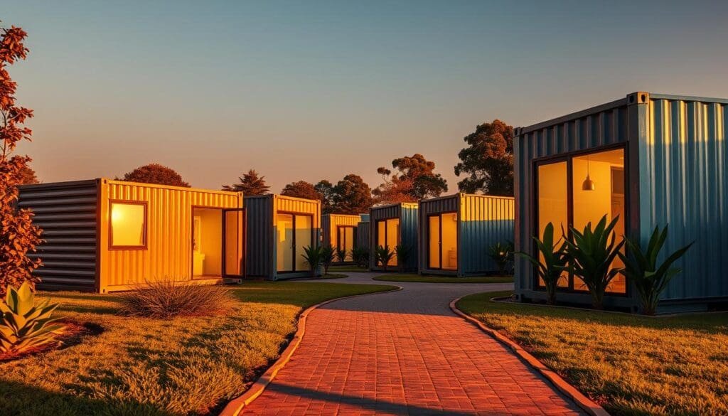Prompt A row of SAMAN Portable container offices nestled on Magadi Road, their sleek, modular designs gleaming in the warm, golden light. Corrugated metal facades, accentuated by sharp shadows, give way to large windows offering a glimpse of the modern, minimalist interiors. The containers are arranged in an organized, yet visually striking layout, surrounded by lush greenery and a paved pathway leading visitors towards their ready-to-use office solutions. The scene conveys a sense of efficiency, functionality, and the ability to quickly establish a professional workspace in this vibrant urban setting.