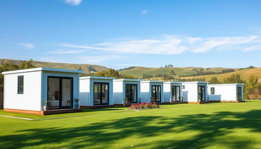 Prompt A serene outdoor scene featuring a row of stylish, modern SAMAN Portable cabins nestled in a lush, verdant setting. The cabins have a sleek, minimalist design with clean lines and large windows that allow natural light to flood the interiors. The cabins are arranged in a harmonious layout, creating a cohesive, visually appealing composition. The foreground showcases the intricate details of the cabins' construction, including the high-quality materials and expert craftsmanship. The middle ground features a well-manicured lawn, dotted with vibrant flora, while the background is dominated by a serene landscape of rolling hills and a clear, azure sky. The overall scene exudes a sense of tranquility, efficiency, and sustainability, perfectly capturing the essence of the "Introduction to Porta Cabins" section.