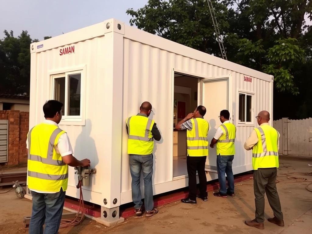 SAMAN team installing a portable office cabin in Ghaziabad