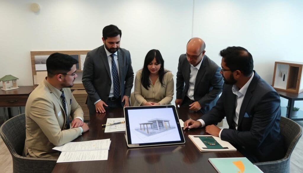 SAMAN's design team consulting with clients in Greater Kailash for a custom portable office project