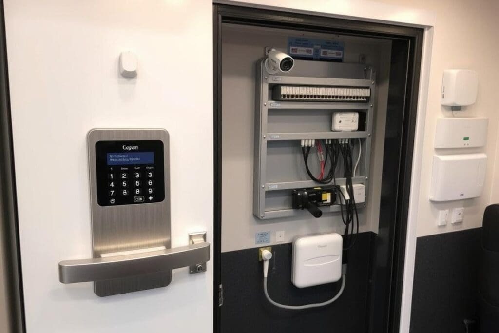 Security features of a premium portable office cabin in Defence Colony