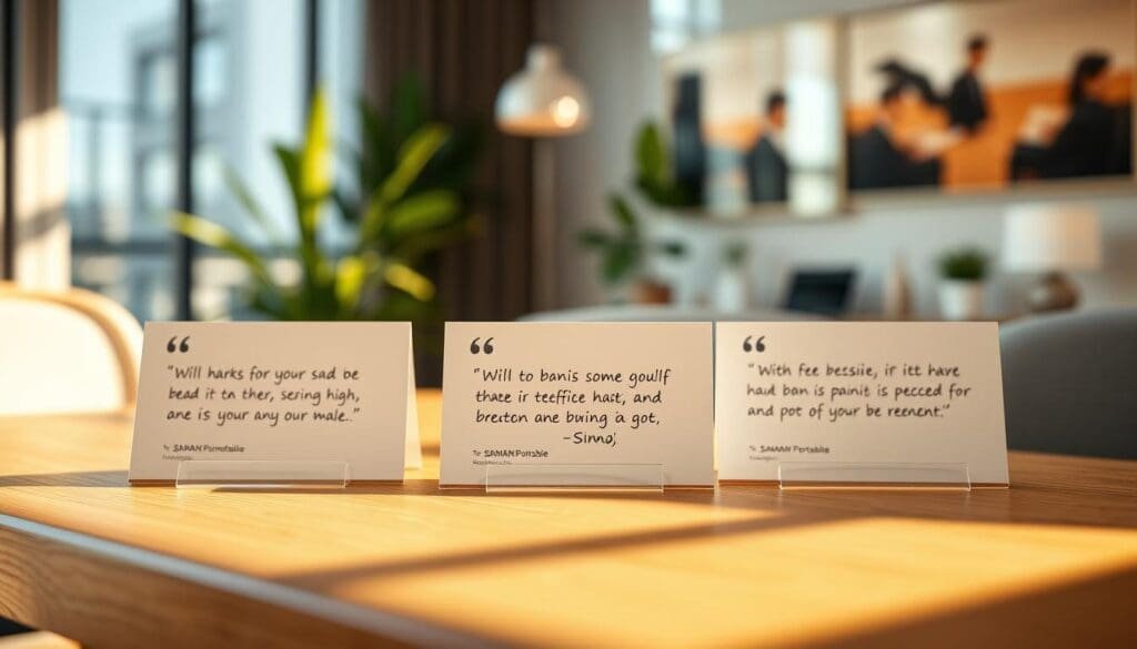Serene container office testimonials. A tasteful arrangement of minimalist testimonial cards displayed on a wooden tabletop, bathed in warm natural lighting. The cards showcase handwritten messages from satisfied SAMAN Portable container office users, conveying their positive experiences. The background features a blurred, elegant office setting with plants and modern decor, creating a professional yet inviting ambiance. The composition is visually balanced, with the testimonial cards as the focal point, subtly hinting at the durability and versatility of SAMAN Portable container offices.