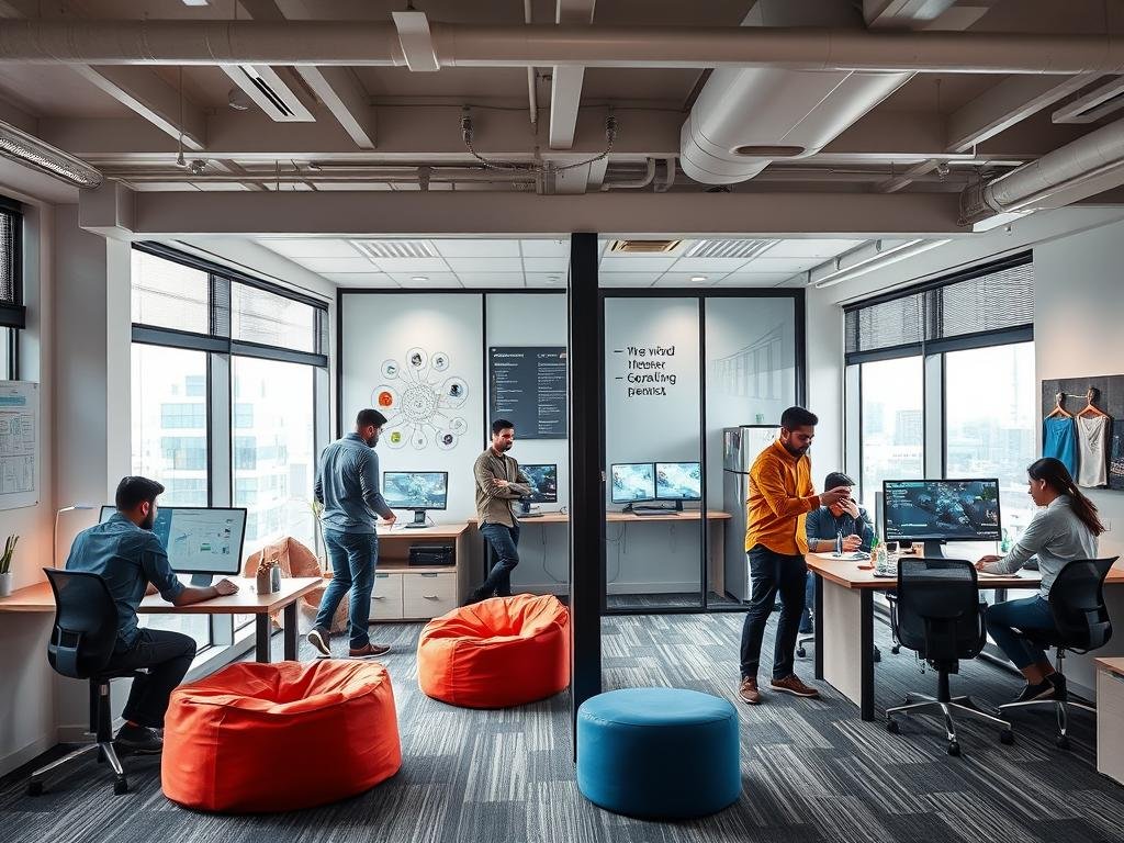 Tech startup team working in a modern portable office in Saket, South Delhi