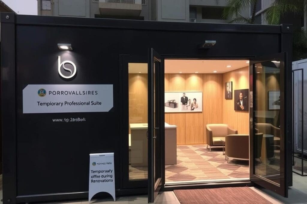 Temporary professional suite in a portable cabin during office renovation in Defence Colony