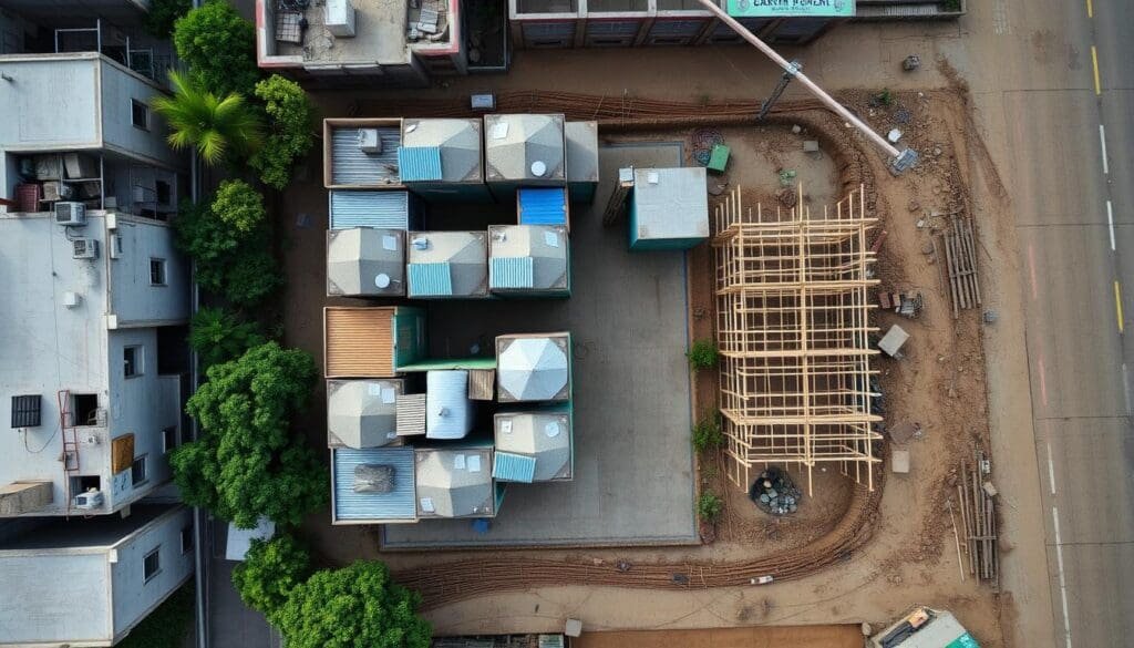Top-view of compact hutments near a school site in Mayur Vihar
