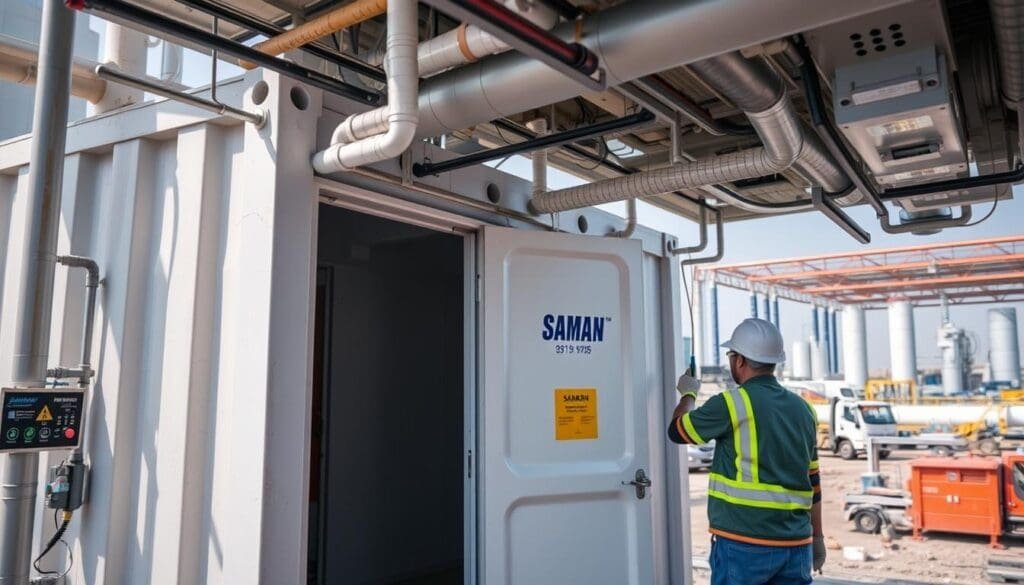 Utility connections being installed for container office at industrial site in Greater Noida