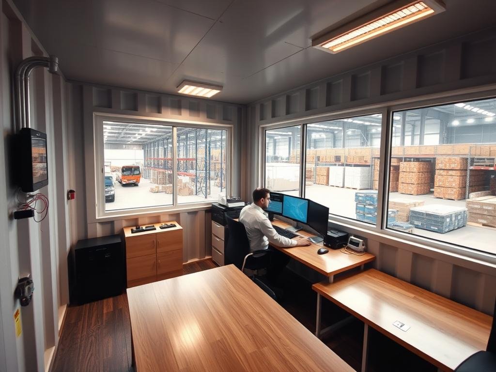 Warehouse manager working in a container office overlooking operations in Greater Noida